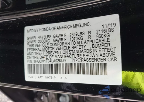 2020 Honda Accord Sport из США, поврежденный, VIN 1HGCV1F34LA028499